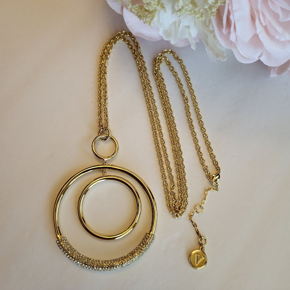 Vince Camuto Long Necklace Round Crystal Embellished Pendant Goldtone 30"